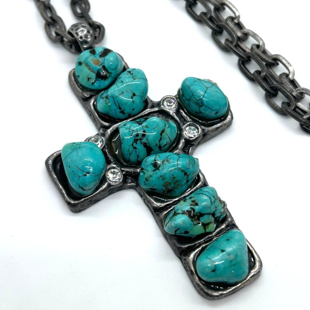 Turquoise Color Stone Cross Pendant Silver Tone Necklace Southwestern Boho - Picture 4 of 16